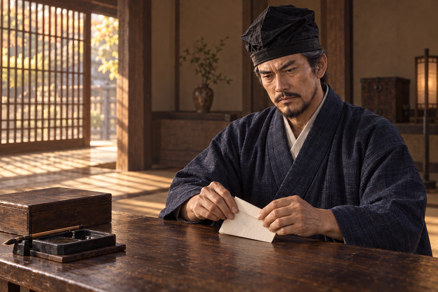 息子へ送る手紙を用意する元春のイメージ。実際の書状の復元ではない(AI生成イメージ)