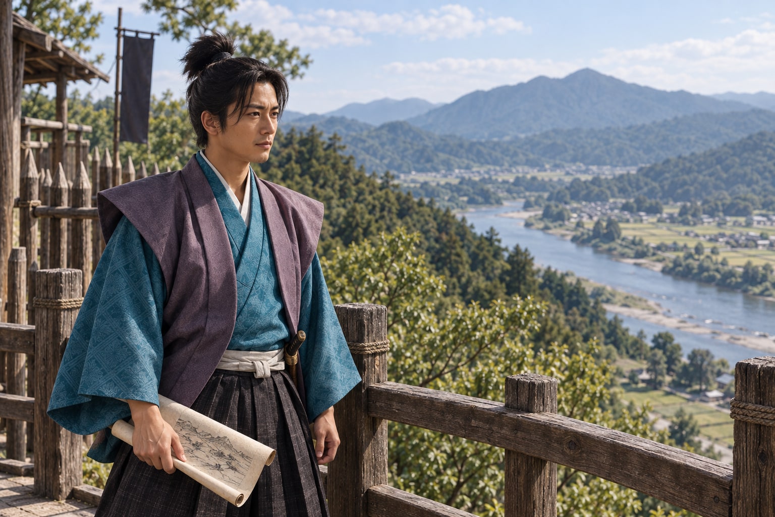 沼田川流域を見渡す青年期の隆景を描いたAI想像図。新高山城の建物を復元したものではない(AI生成イメージ)