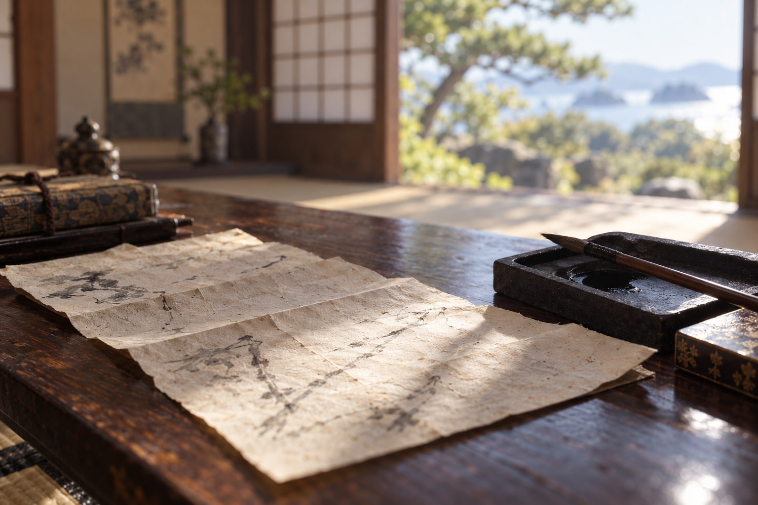 隆景の言行を伝える書物や書状をイメージしたAI想像図。実在史料の複製ではない(AI生成イメージ)