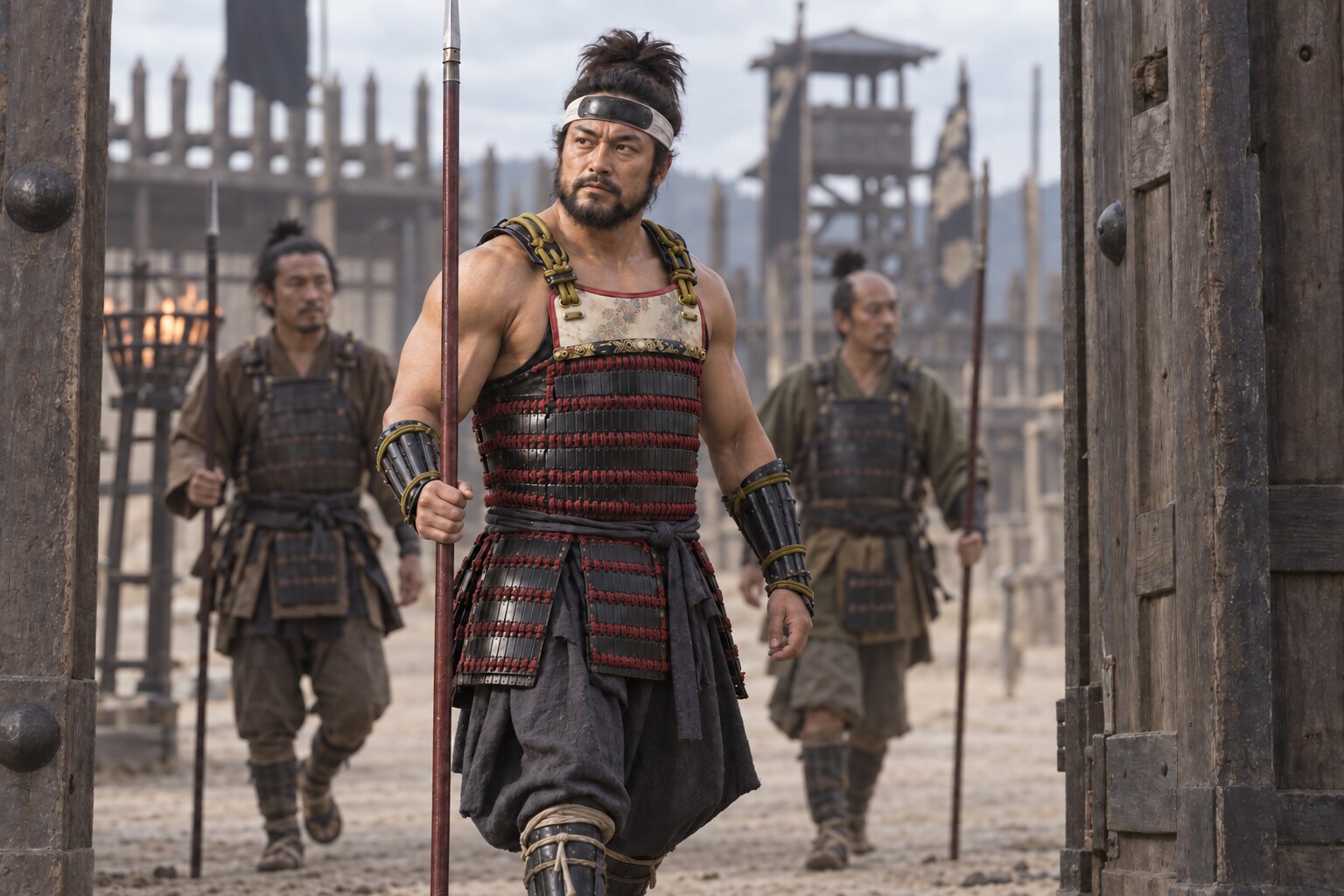 上杉方の武者として語られる弥太郎を表現したAI想像図。城門と装備は創作（AI生成イメージ）