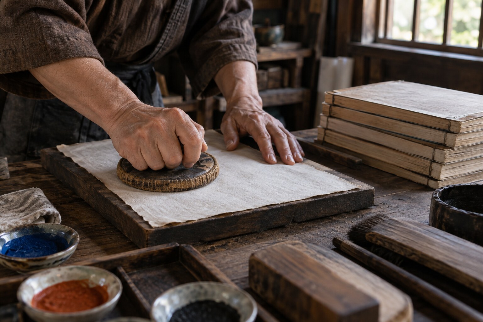 物語と武者絵が伝わる過程をイメージしたAI想像図。実在の版木や作品の複製ではない（AI生成イメージ）