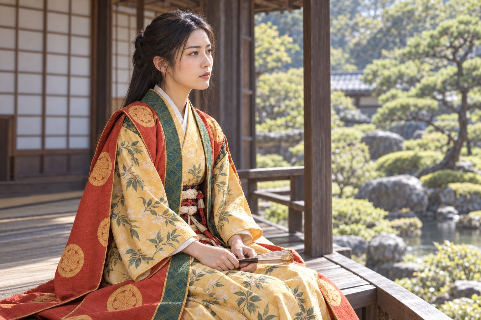 若い小松姫を描いた想像図。少女時代の生活・服装は創作（AI生成イメージ）