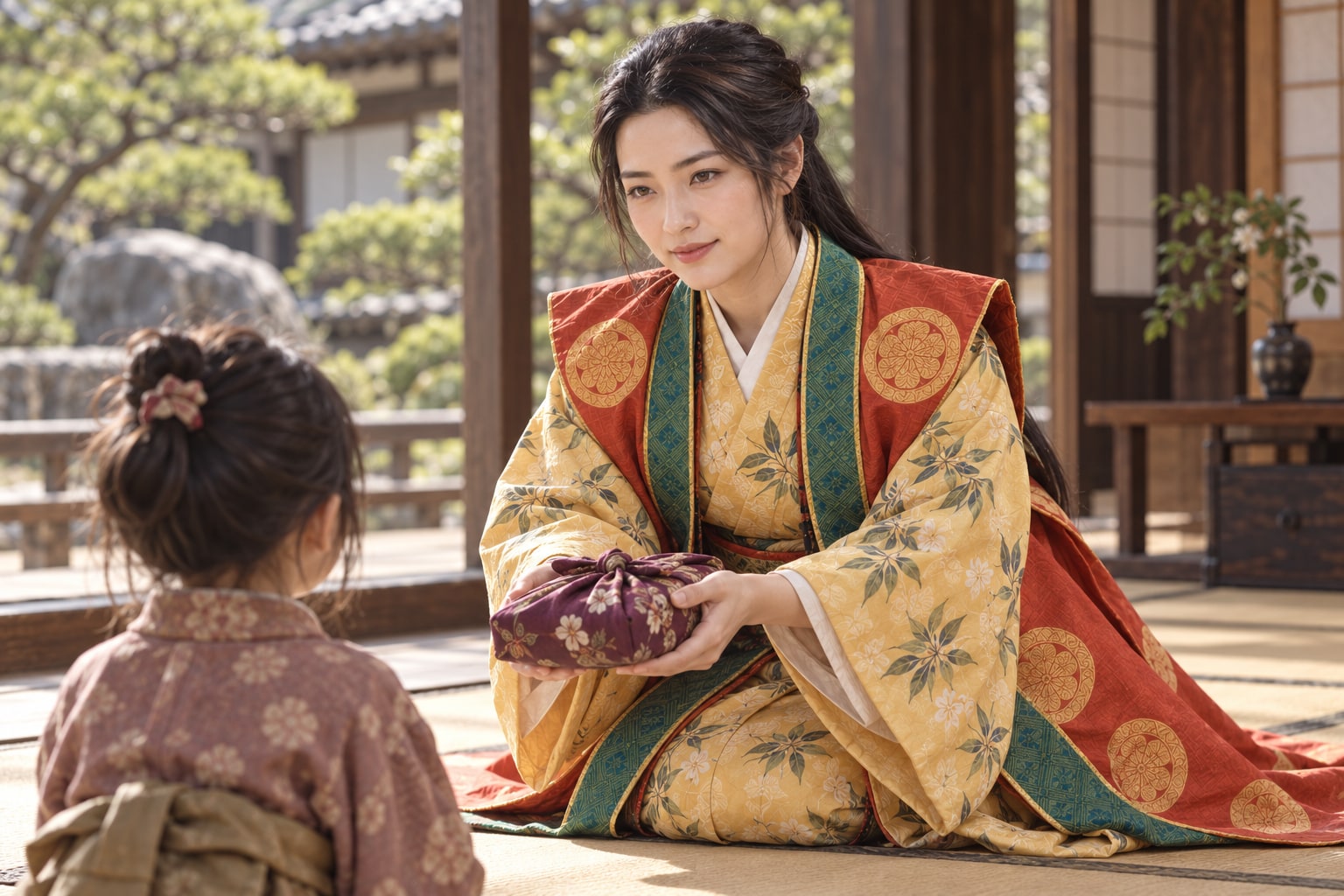 子供と向き合う小松姫の想像図。特定の親子の場面を記録したものではない（AI生成イメージ）