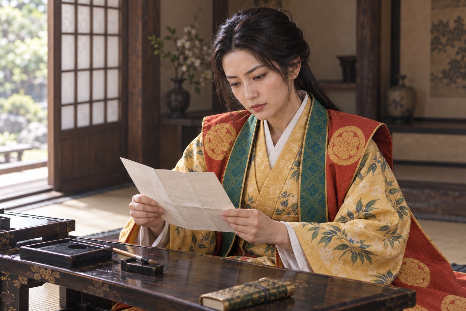 書状を確かめる壮年期の小松姫の想像図。署名・筆跡の再現ではない（AI生成イメージ）