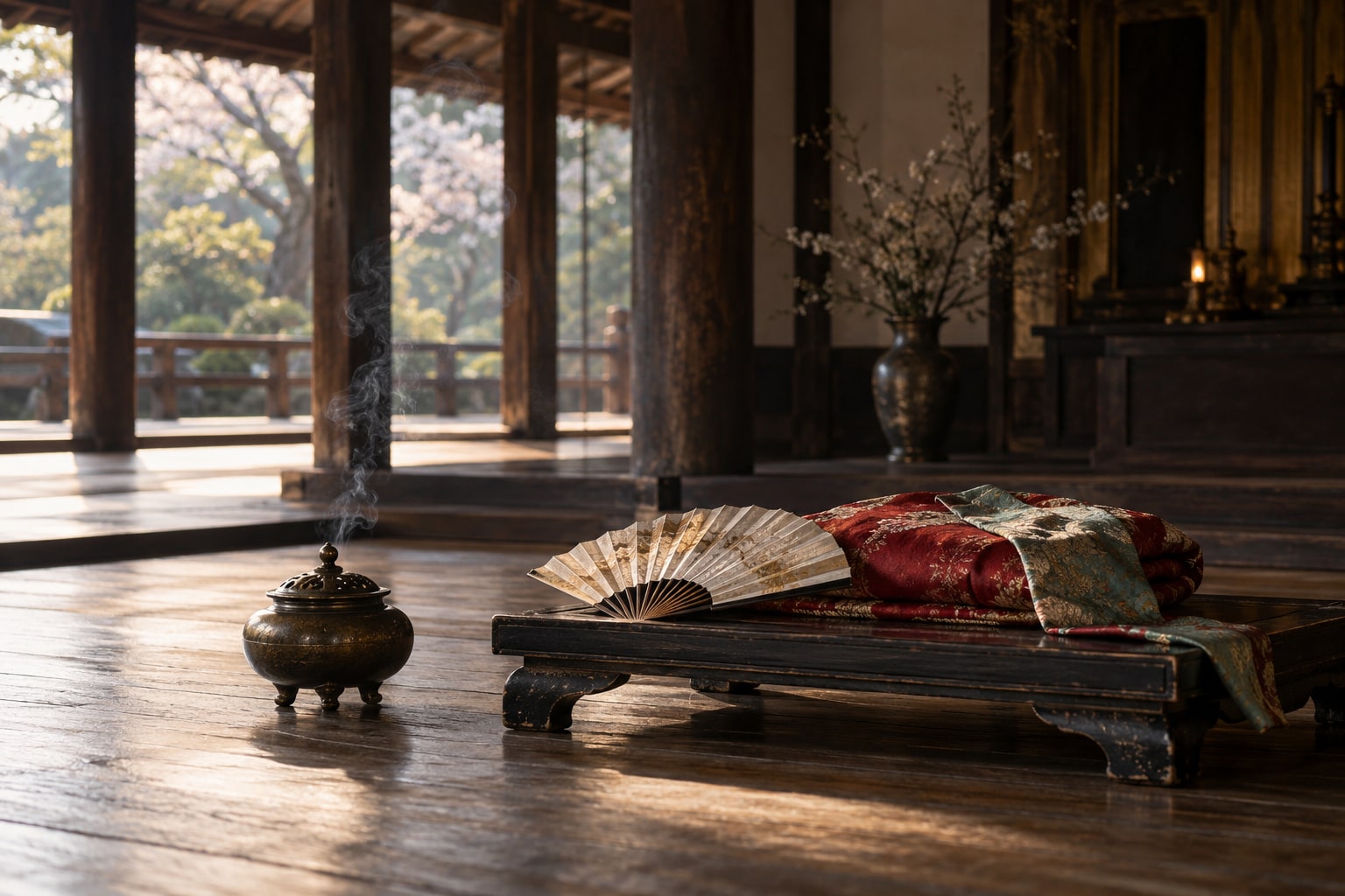 供養を表す無人の想像図。実在する墓碑・寺院の外観ではない（AI生成イメージ）
