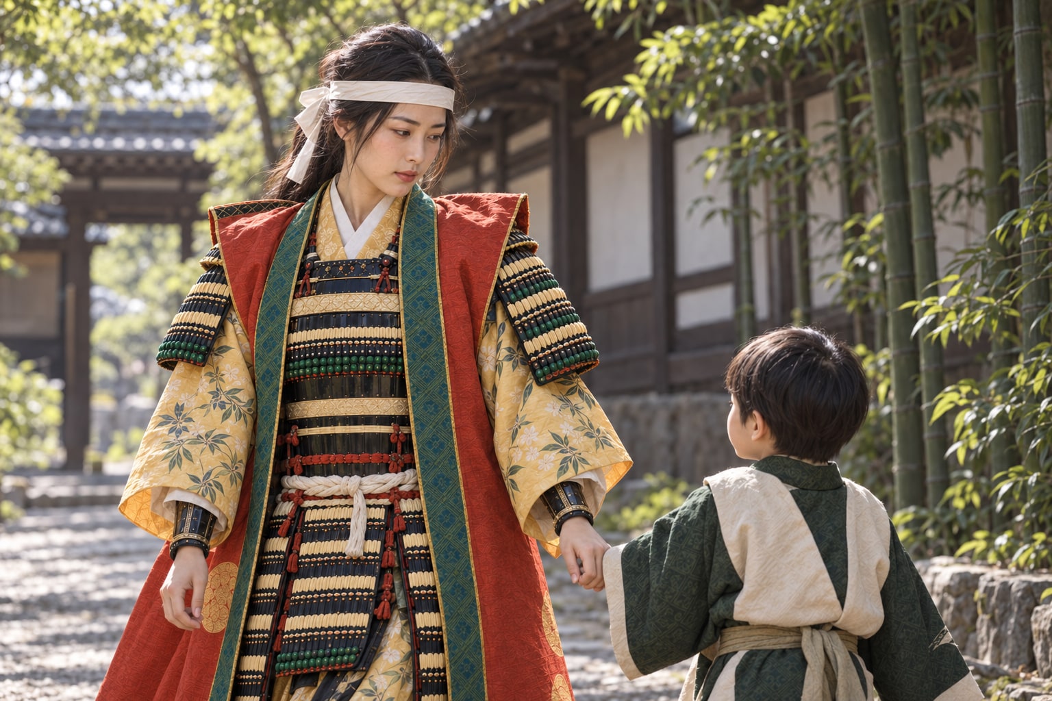城外で子を連れる小松姫の想像図。対面の細部は創作（AI生成イメージ）
