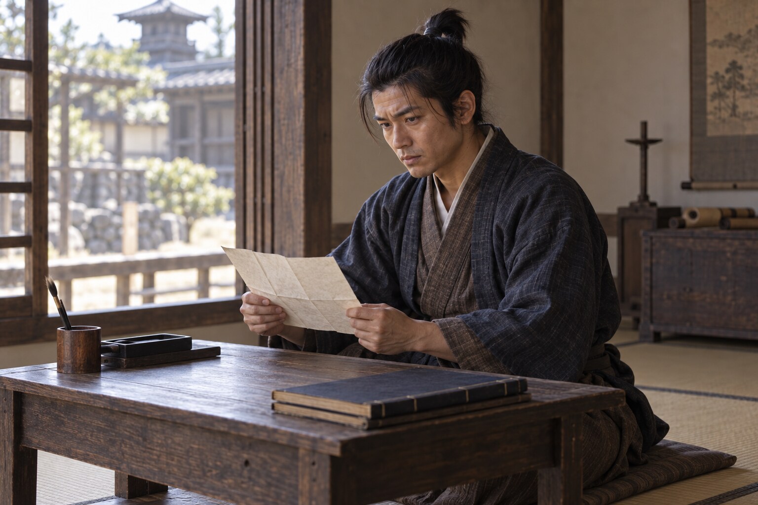 城内で文書を扱う虎綱の想像図。書状原本の再現ではない(AI生成)(AI生成イメージ)