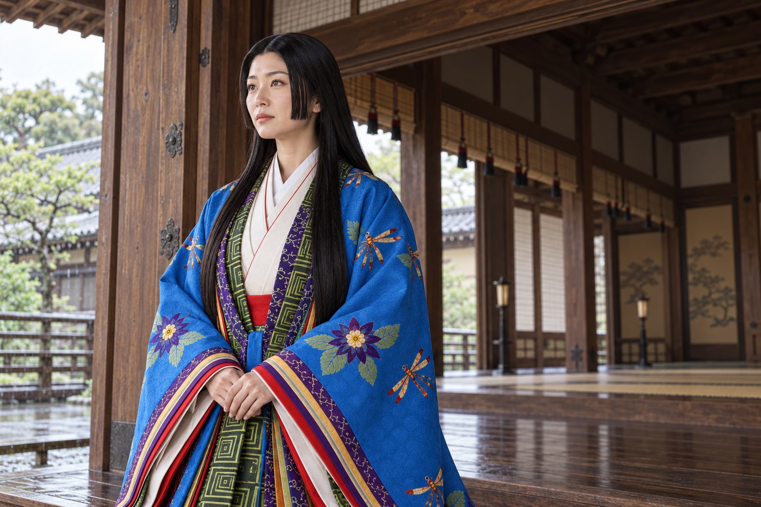 館の入口に立つ小少将の想像図。婚姻や政変の具体的な場面は未詳（AI生成イメージ）