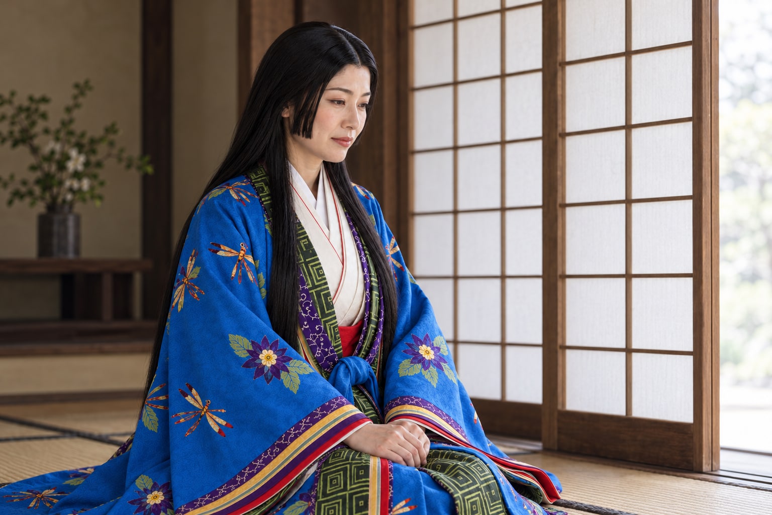 障子のそばに座る小少将の想像図。母として語られる時期を表現（AI生成イメージ）