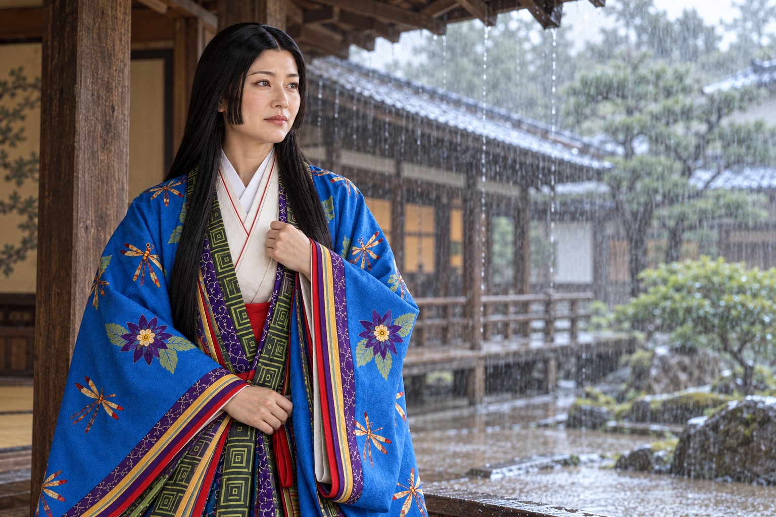 雨の軒下で袖を寄せる小少将の想像図。陰謀の場面を再現したものではない（AI生成イメージ）