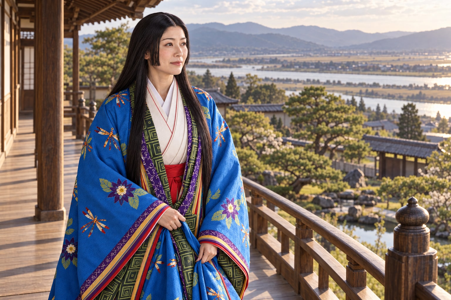水辺の平野を望む小少将の想像図。1582年の所在を示すものではない（AI生成イメージ）