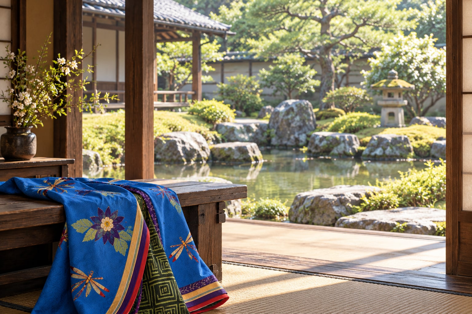 同名人物の比較に添えた無人の庭の創作情景。諏訪館跡の実測復元ではない（AI生成イメージ）