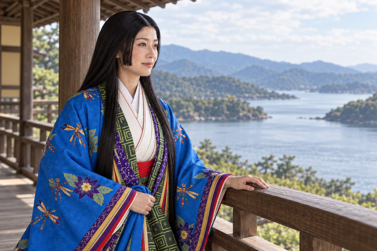水辺を見つめる小少将の創作人物像。土佐への移動や婚姻を示すものではない（AI生成イメージ）