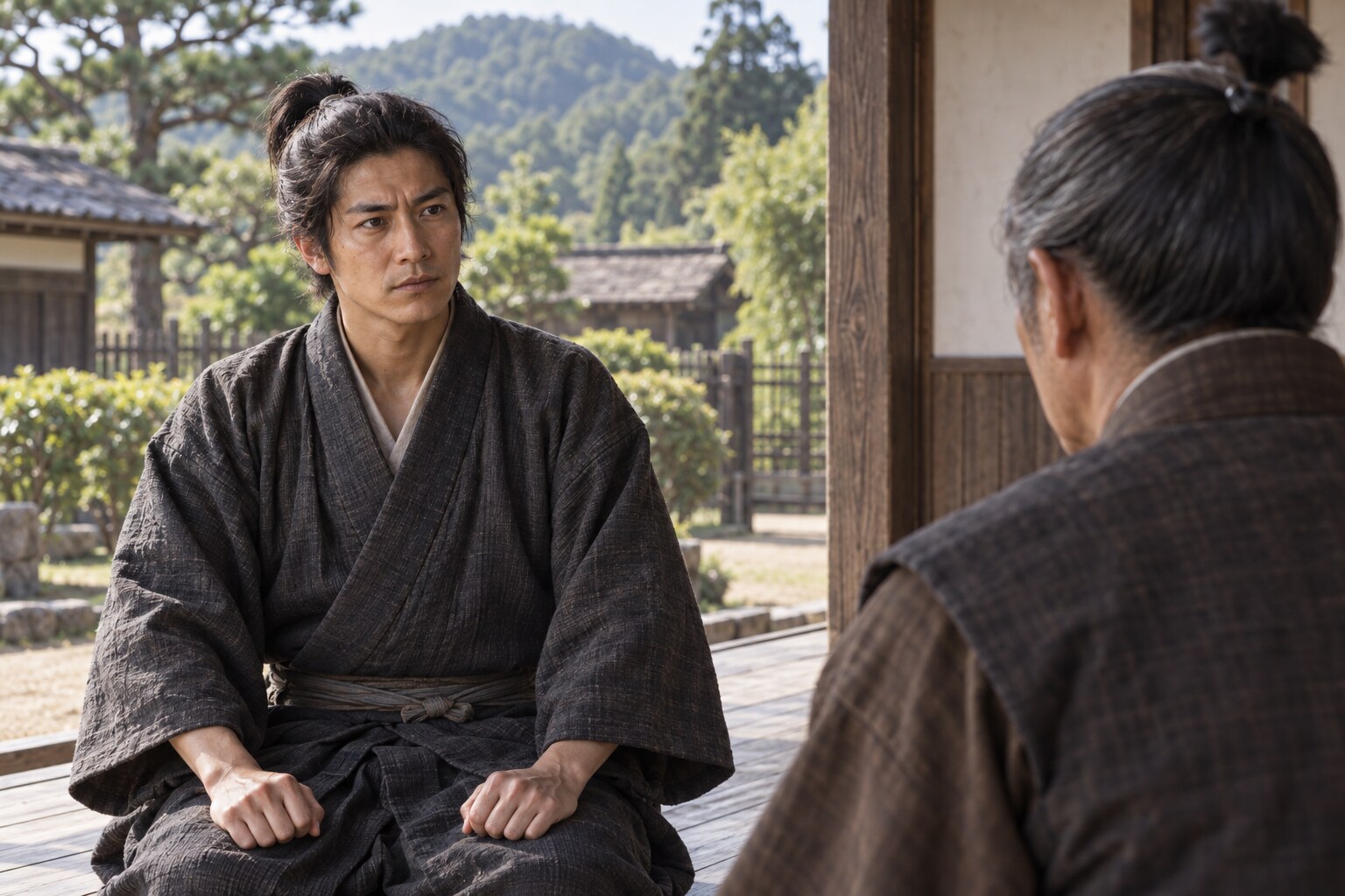 香宗の屋敷で家人と向き合う若い親泰の想像図（AI生成イメージ）