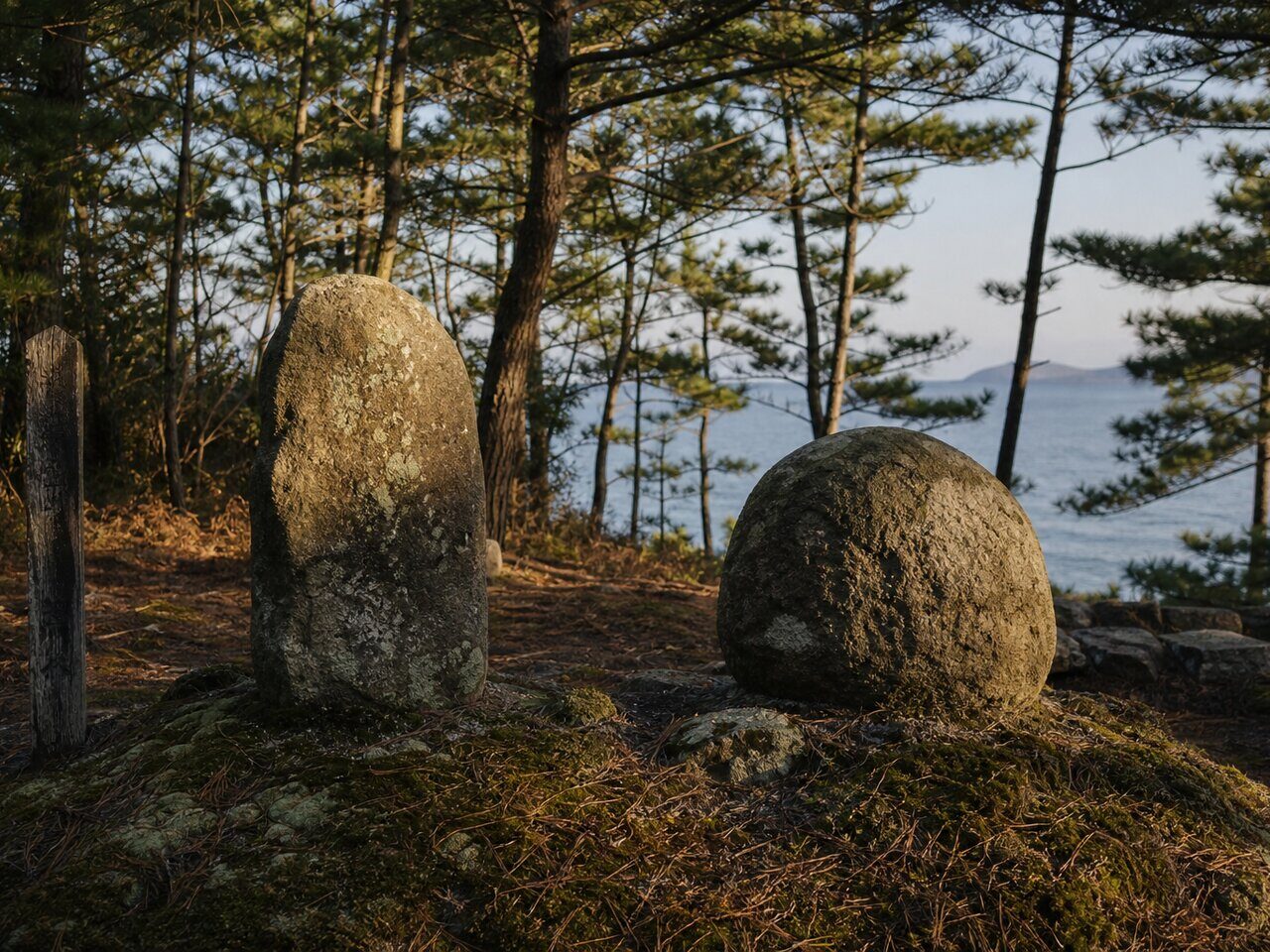 答志島の胴塚と守隆の墓銘(AI生成イメージ)