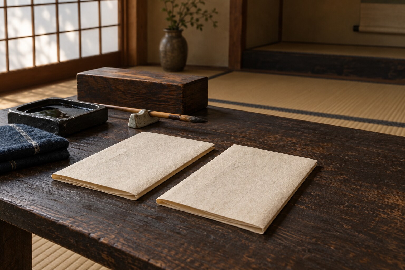義兄弟の誓いを題材にした文具の静物。実在する誓紙の写真ではない（AI生成イメージ）