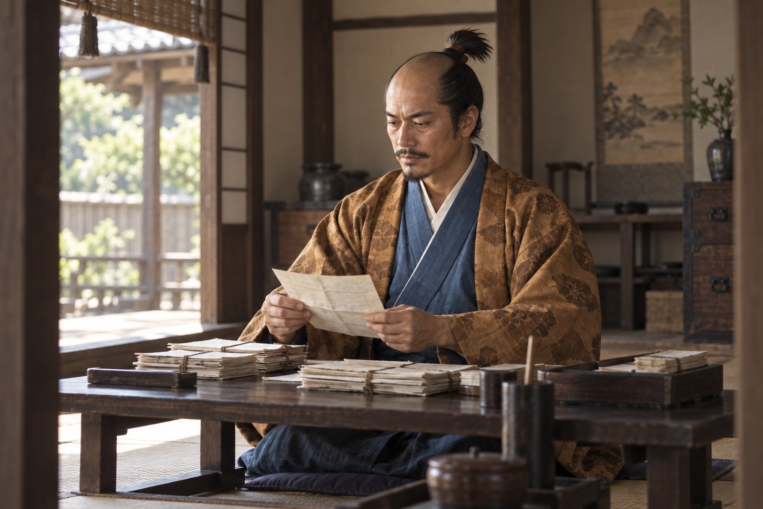 文書を扱う壮年の職隆の想像図。算用状の原本ではない(AI生成イメージ)