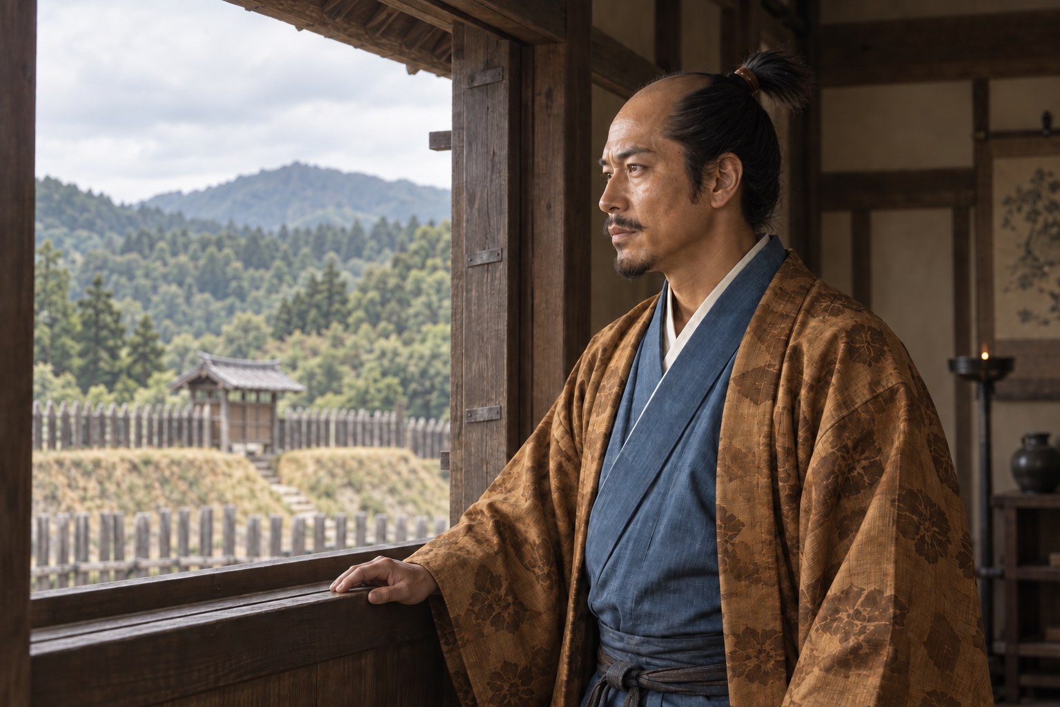 城館から外を見渡す職隆の想像図。1569年の戦闘場面の復元ではない(AI生成イメージ)