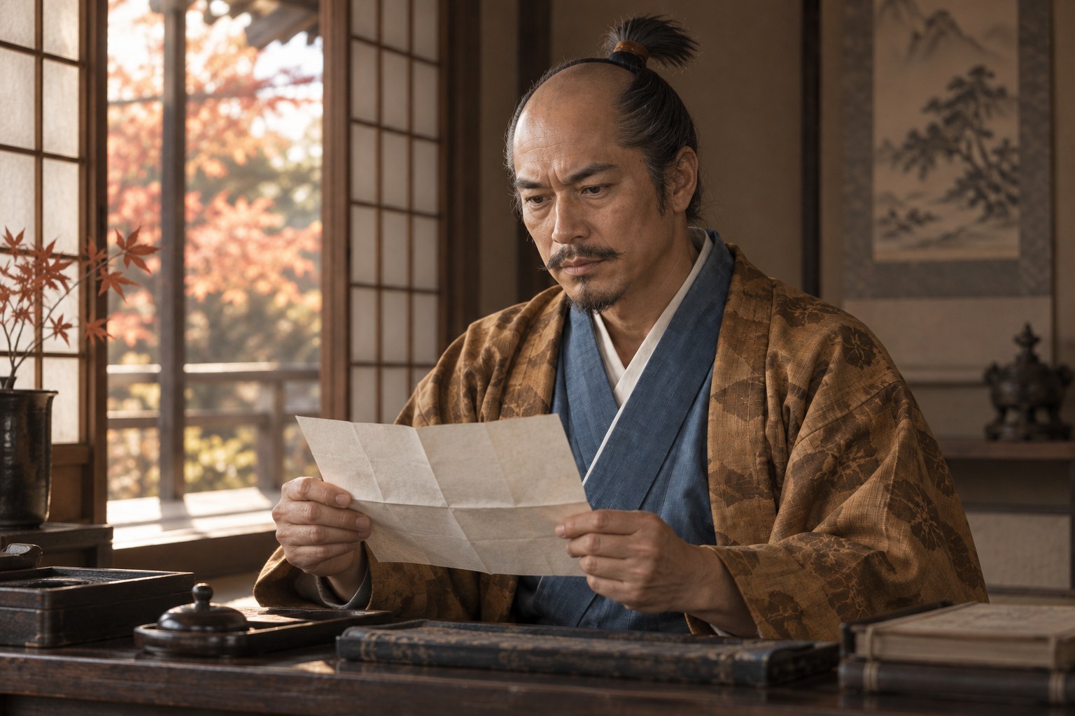 書状に目を通す晩年の職隆の想像図。特定の書状の再現ではない(AI生成イメージ)