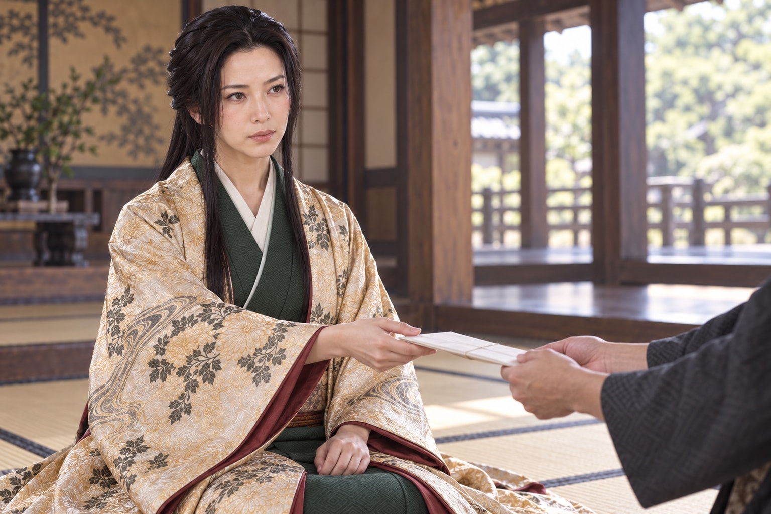 家臣の文書を受け取る光の想像場面(AI生成。1578年の起請文の受渡し方は不明)(AI生成イメージ)