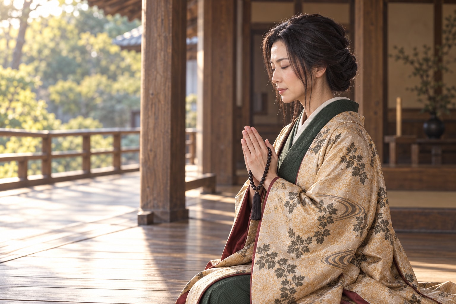 福岡での信仰を題材にした光の想像復元(AI生成。圓應寺の当時の建築は再現していない)(AI生成イメージ)