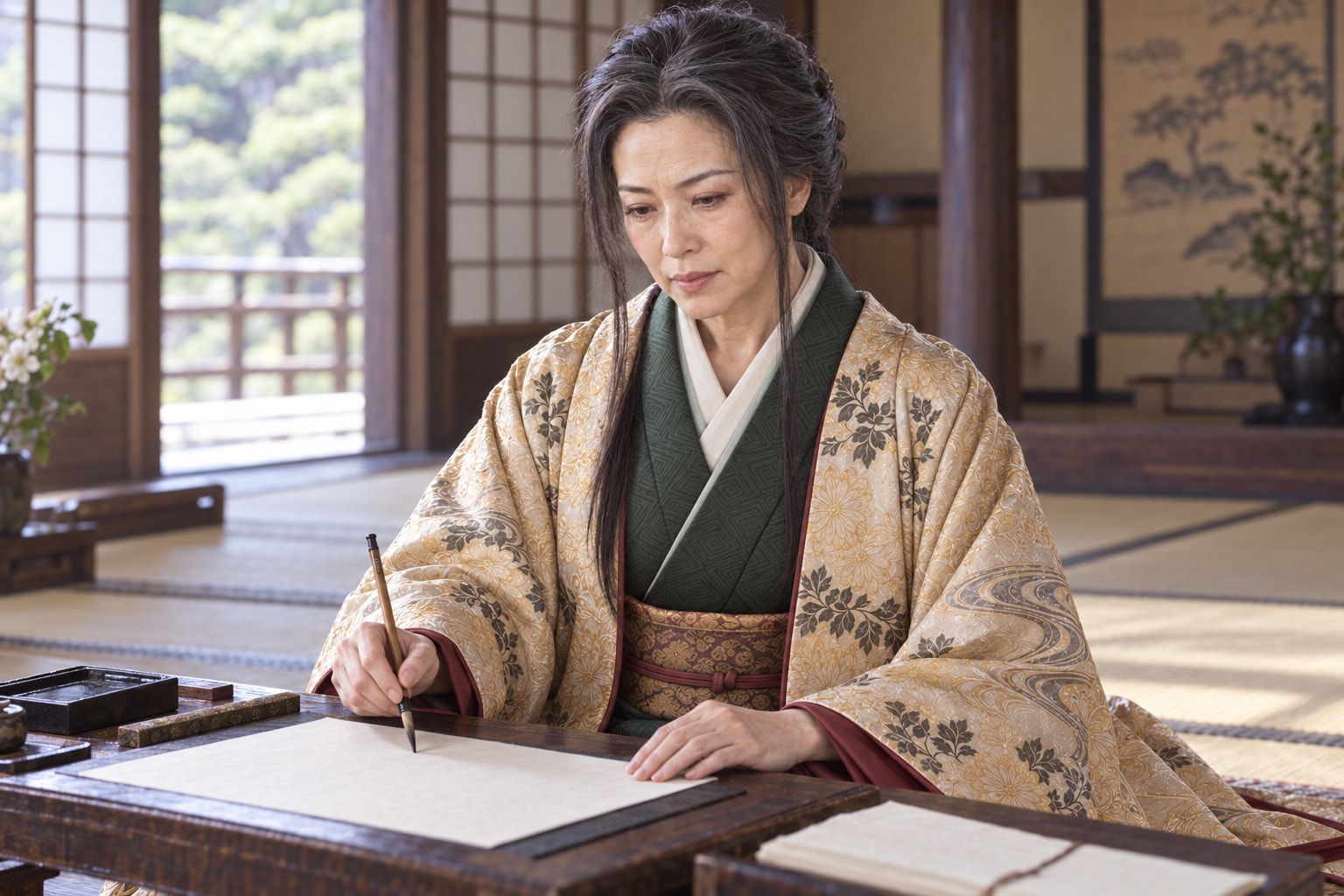 書状が残る晩年の照福院を描いた想像復元(AI生成。文面・執筆場面は復元していない)(AI生成イメージ)