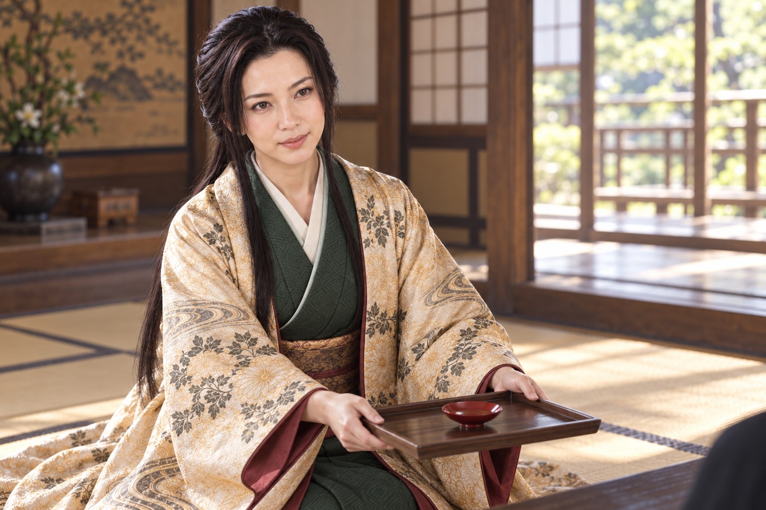 櫛橋家との縁を題材にした光と小盃の想像場面(AI生成。所蔵品そのものの複製ではない)(AI生成イメージ)
