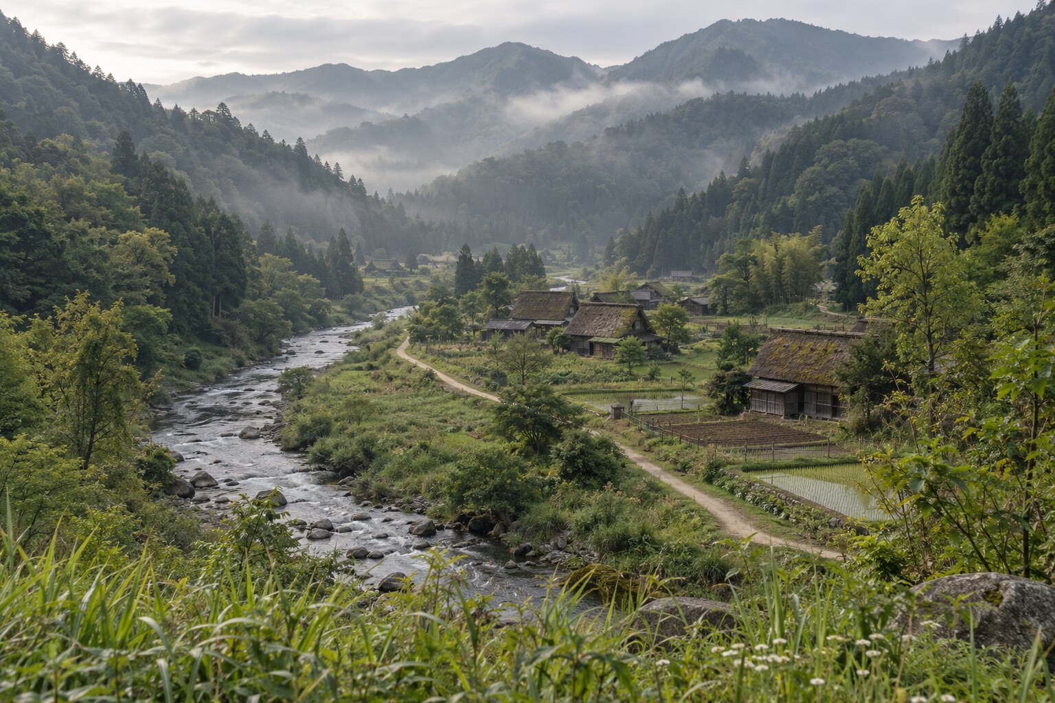 京都と若狭を結ぶ山間の道と朽木谷をイメージした情景(AI生成イメージ)