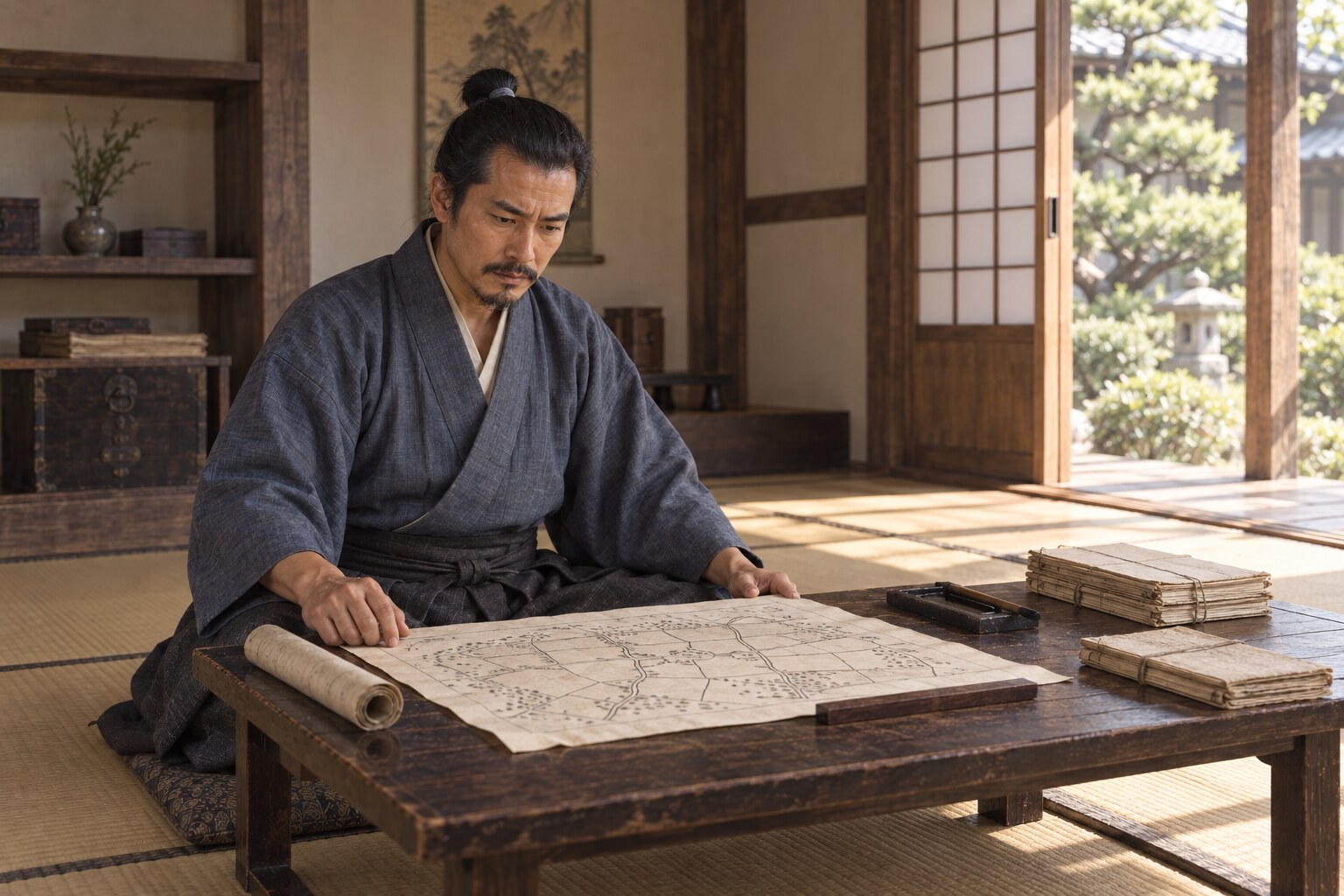 土地の書付を確認する豊臣政権期の元綱の想像図(AI生成イメージ)