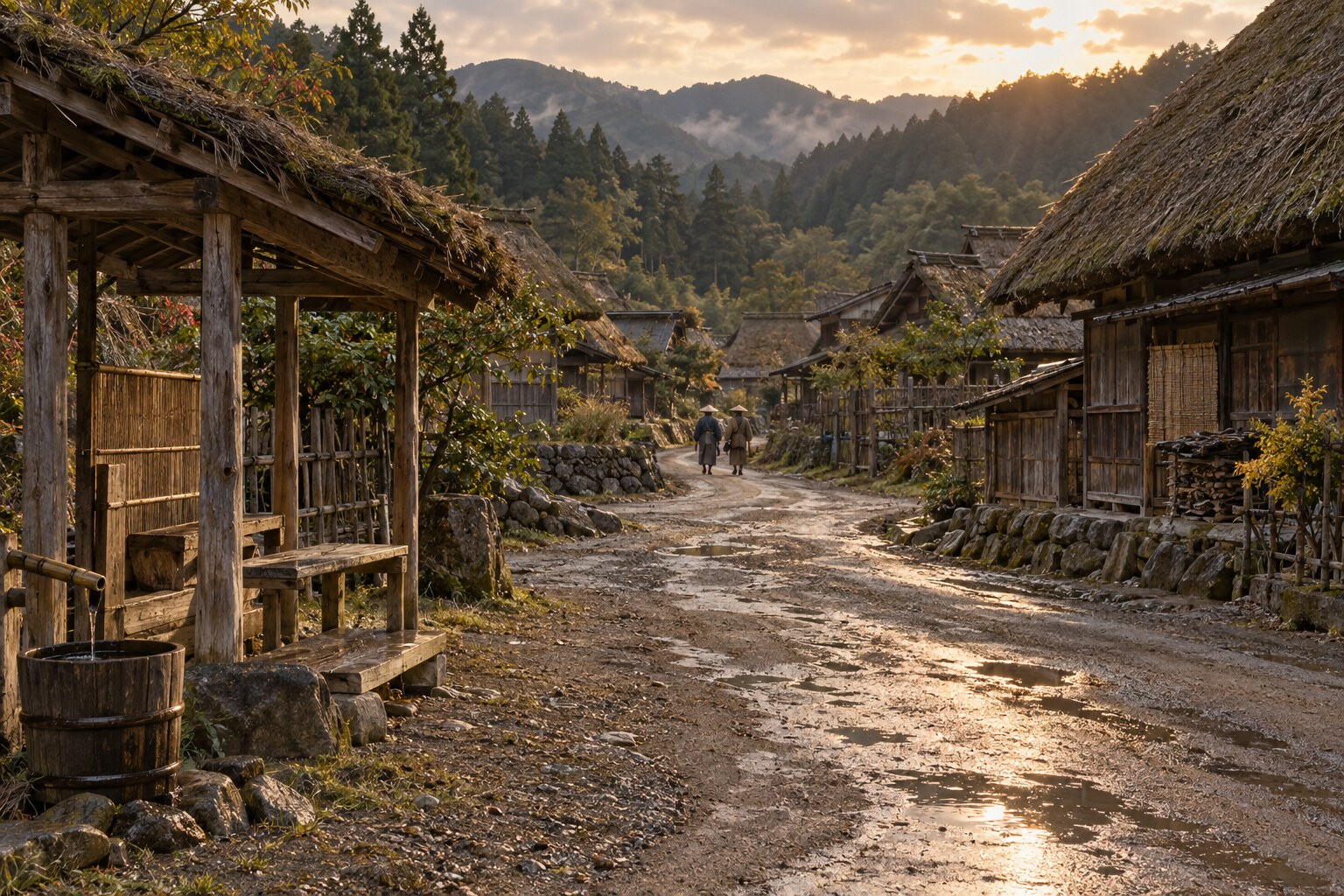 江戸初期の朽木の街道と集落をイメージした情景(AI生成イメージ)