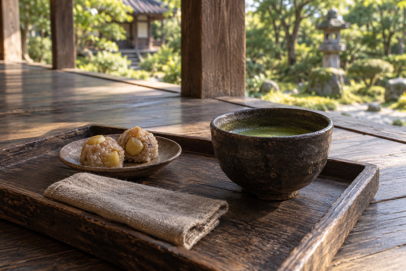 圓満堂の接待伝承をイメージした茶菓の情景(伝来品の復元ではない)(AI生成イメージ)