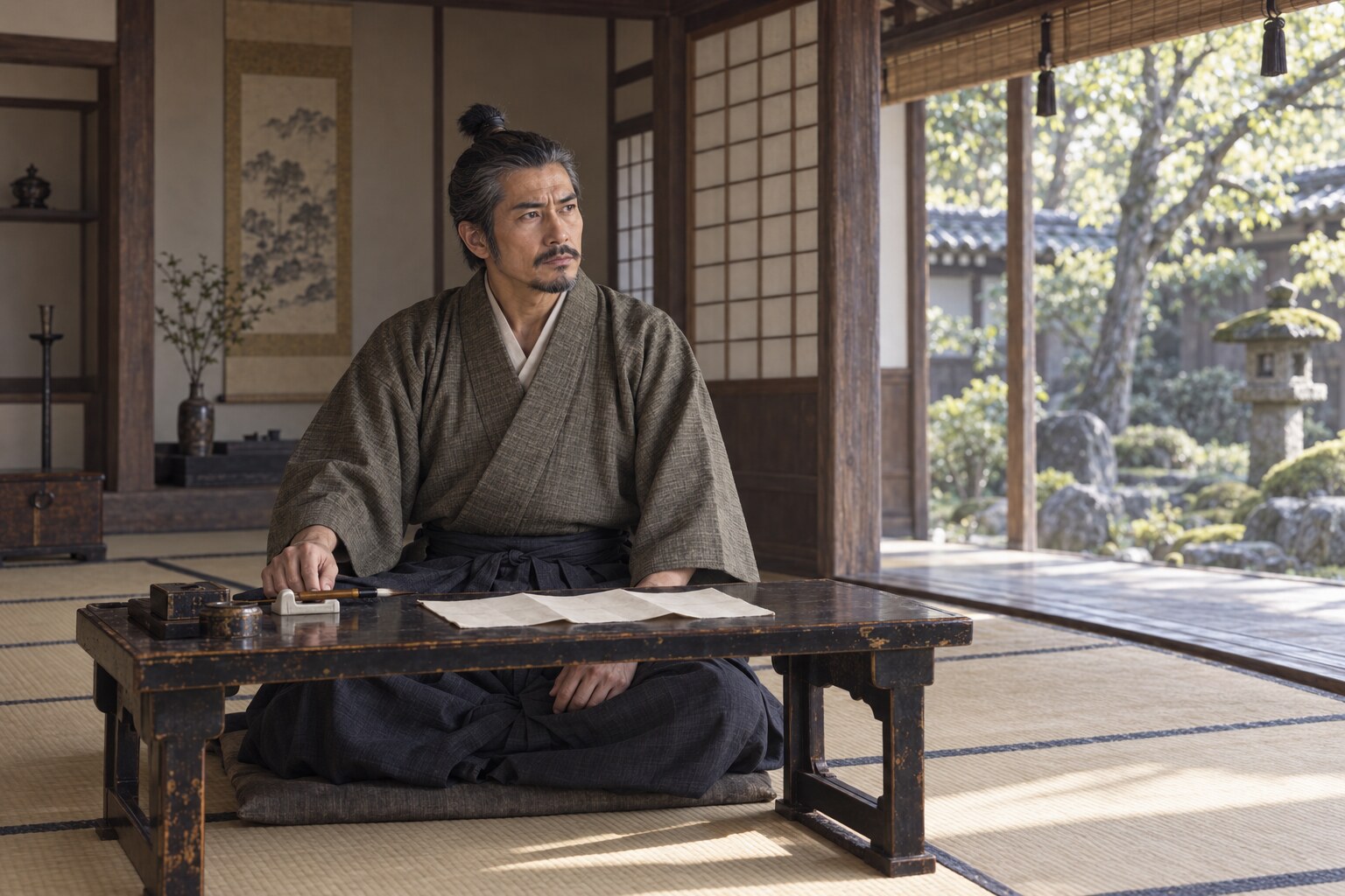 書状の内容を考える元綱の想像図(現存文書の複製ではない)(AI生成イメージ)