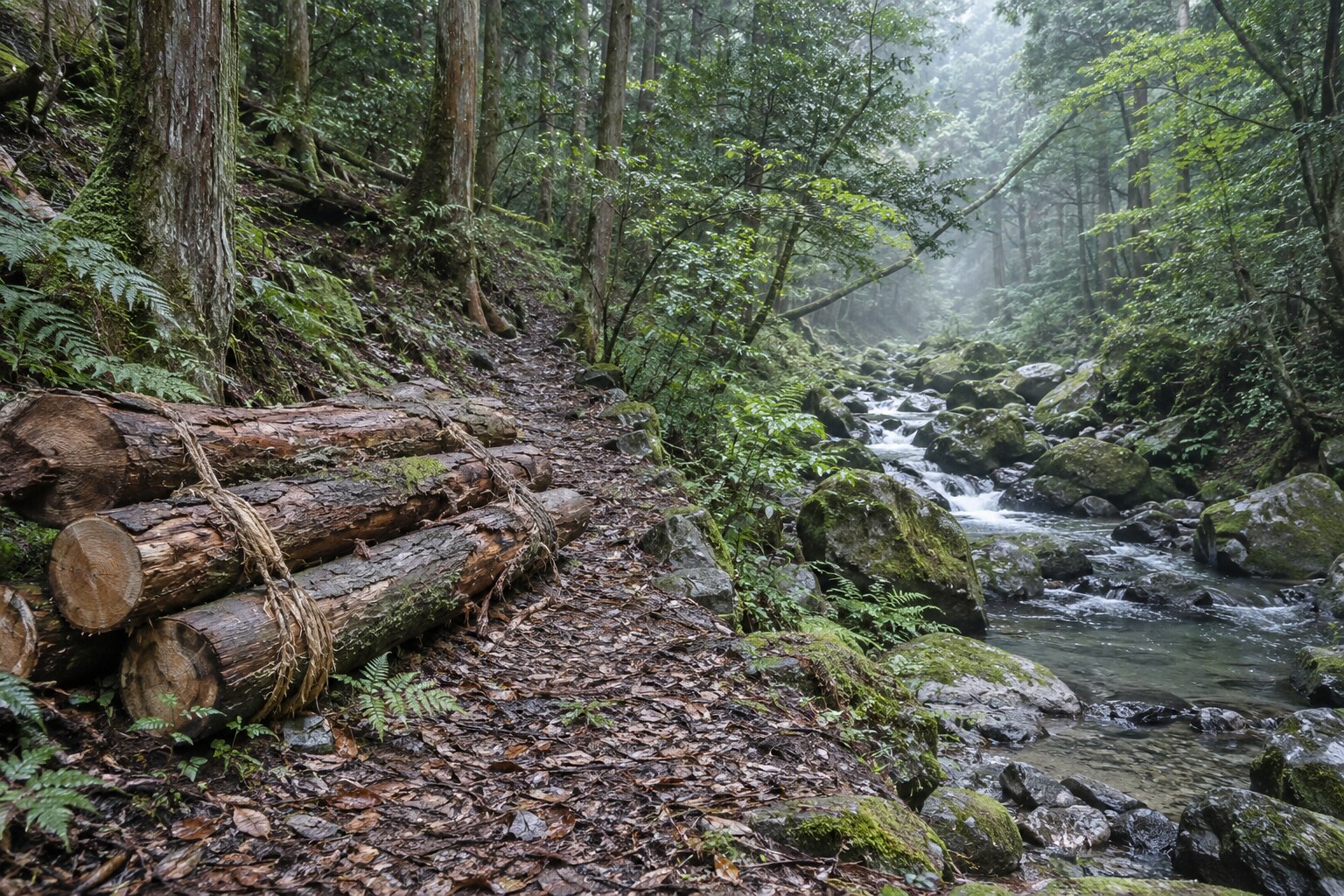 朽木の山林と木材をイメージした情景(元綱の事績を描いたものではない)(AI生成イメージ)