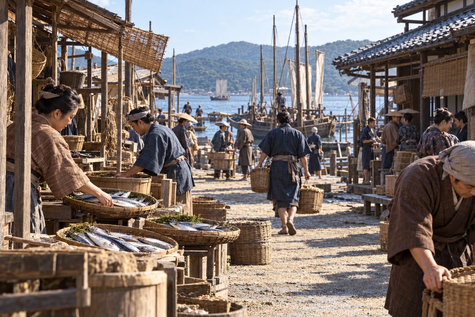 小浜の魚市場を表した想像場面（AI生成イメージ）