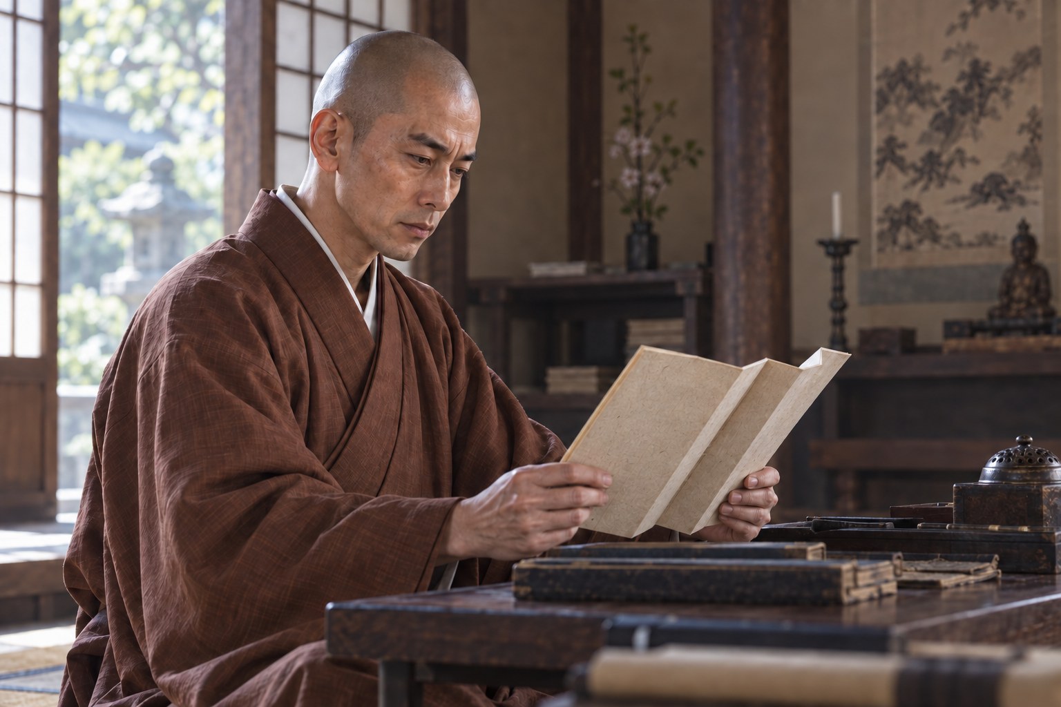 寺院で文書を読む若き玄以の想像図（AI生成イメージ）