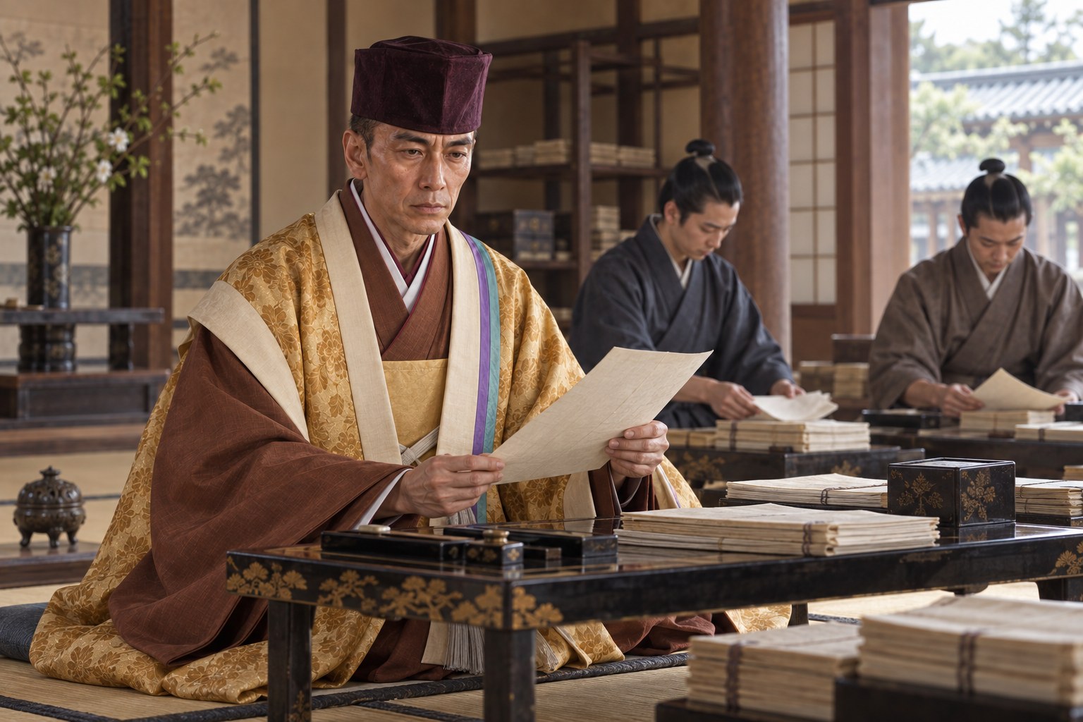 奉行人と文書を扱う玄以の想像図（AI生成イメージ）