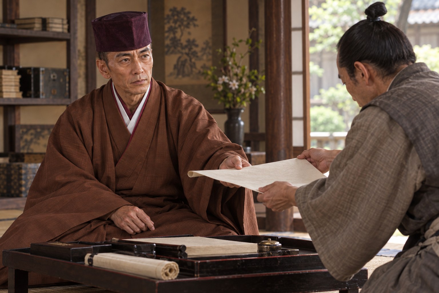 文書を受け取る玄以の想像図・判物の発給場面を復元したものではない（AI生成イメージ）