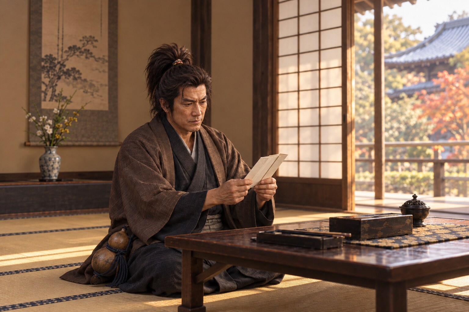 京都で文書に親しむ慶次の想像図。特定の会合や書状を再現したものではない（AI生成イメージ）