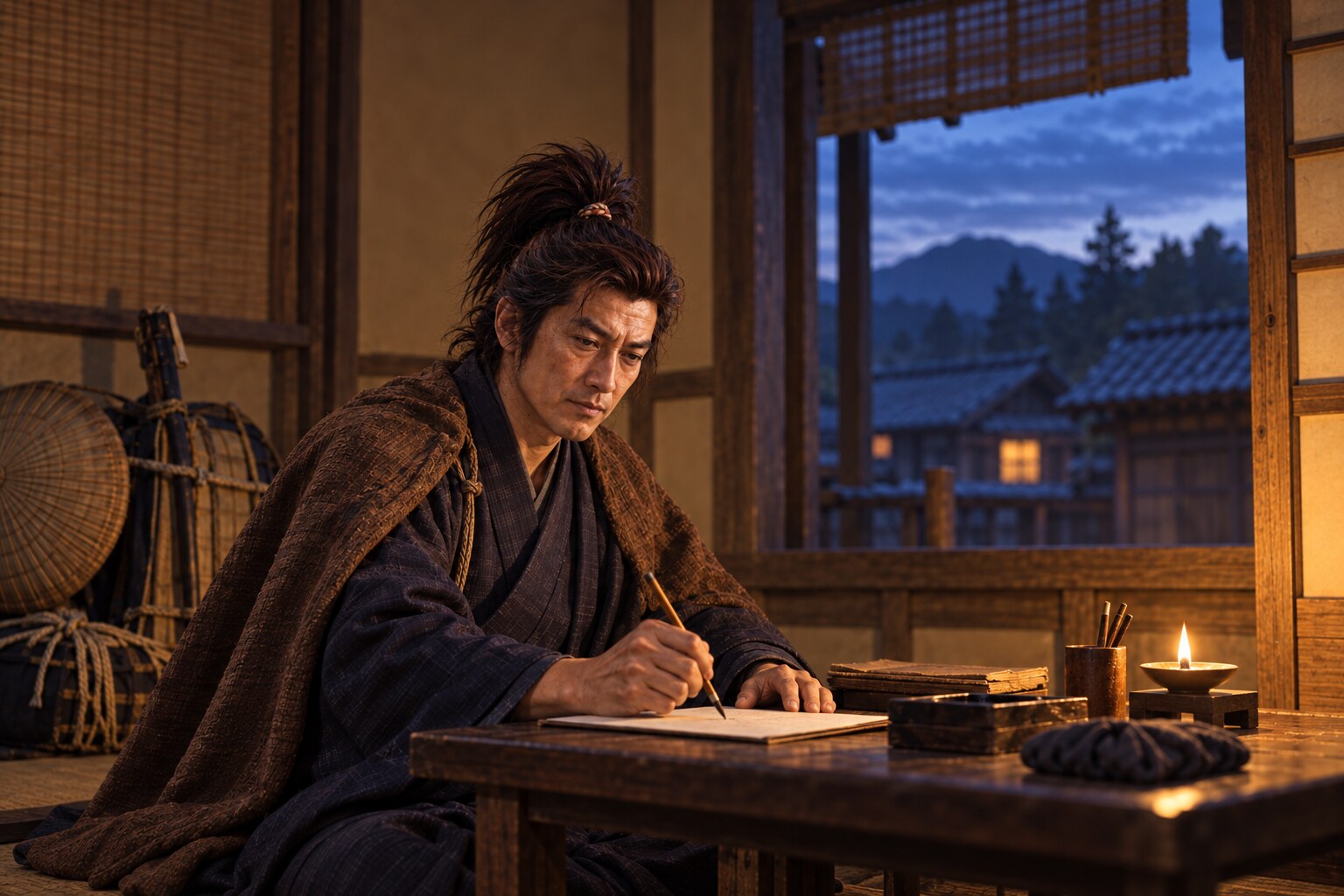 1601年の旅で日記を書く慶次の想像図。原本の筆跡や特定の宿を再現していない（AI生成イメージ）