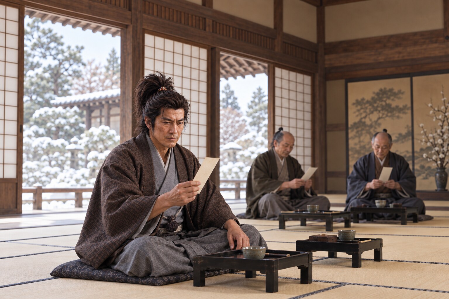 亀岡での詩歌会を思わせる慶次と文人たちの想像図。脇役は特定人物ではない（AI生成イメージ）