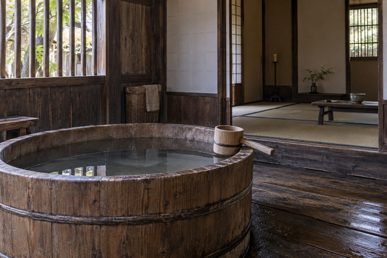 水風呂の逸話を連想させる無人の湯殿。実在の現場の復元ではない（AI生成イメージ）