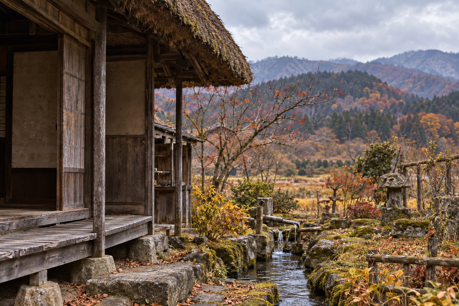 堂森の庵暮らしを思わせる想像風景。無苦庵の建物を考証復元したものではない（AI生成イメージ）