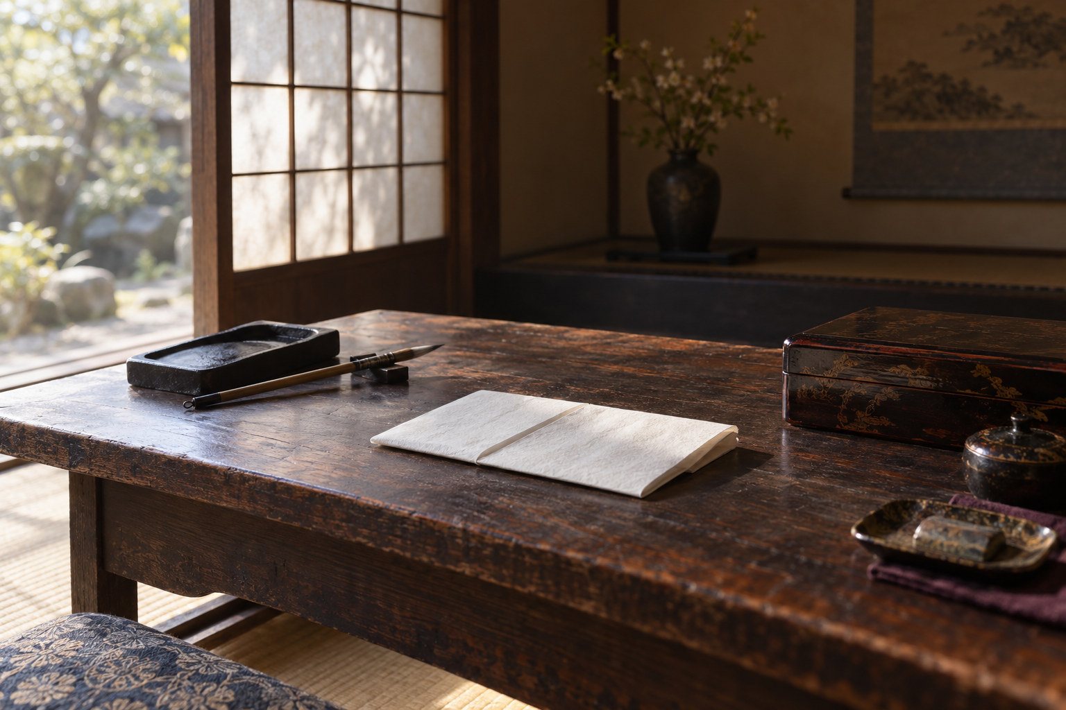 まつの書状を題材に、筆と料紙を配した想像図。原文の複製ではない(AI生成イメージ)