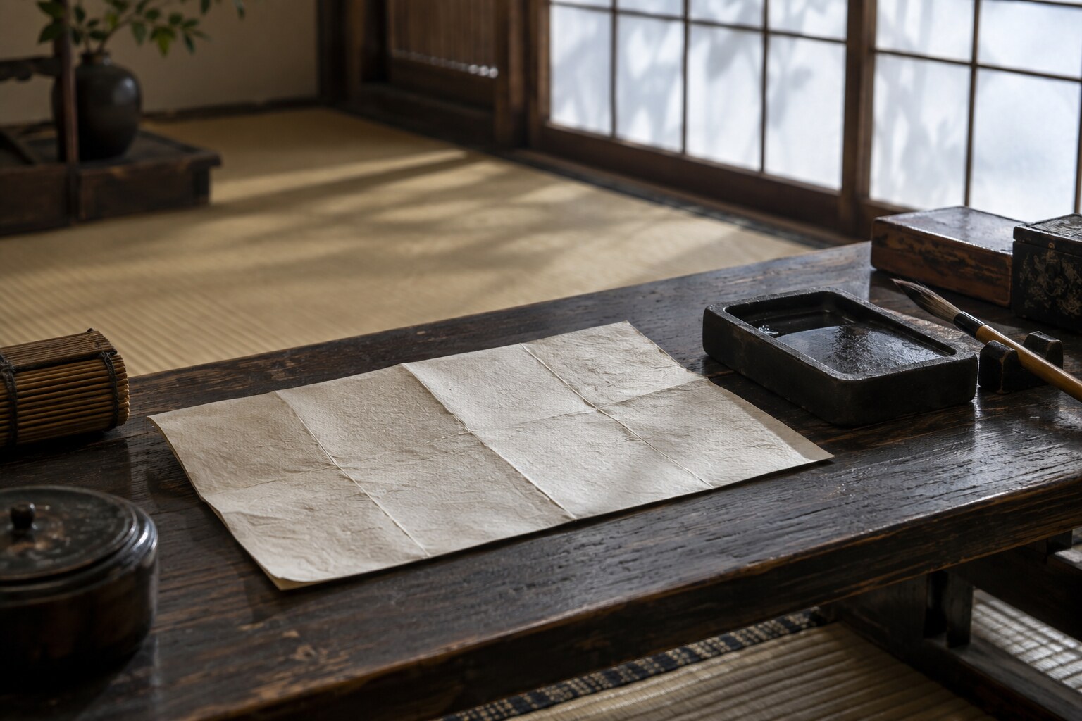 書状と硯を題材にした創作静物。実物史料の複製ではない(AI生成イメージ)