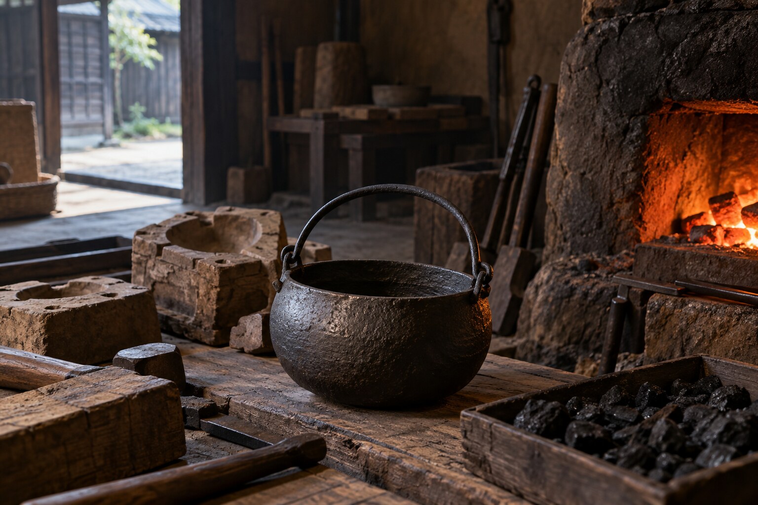 初期の鋳物業を題材にした鉄鍋と鋳型の創作情景(AI生成イメージ)