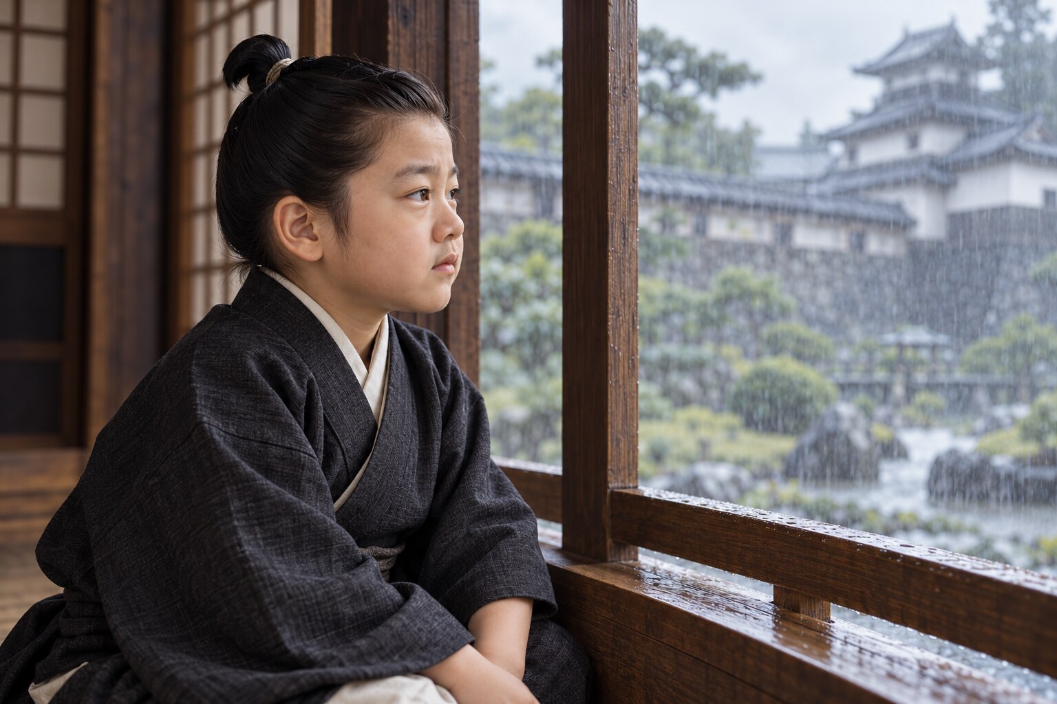守山で過ごす幼い猿千代を描いた創作情景(AI生成イメージ)