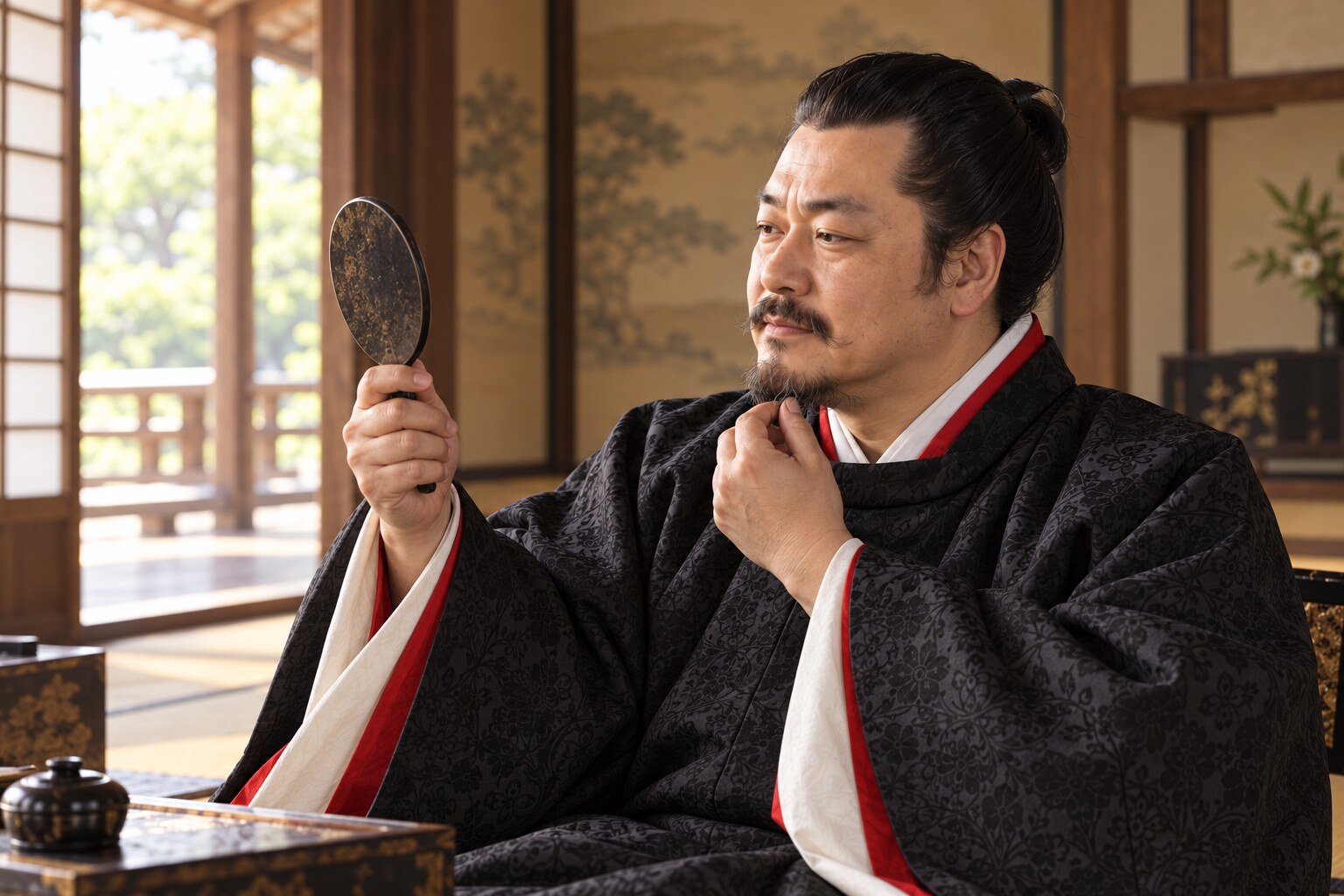 鼻毛の逸話を題材にした創作情景。実際の容貌を示すものではない(AI生成イメージ)