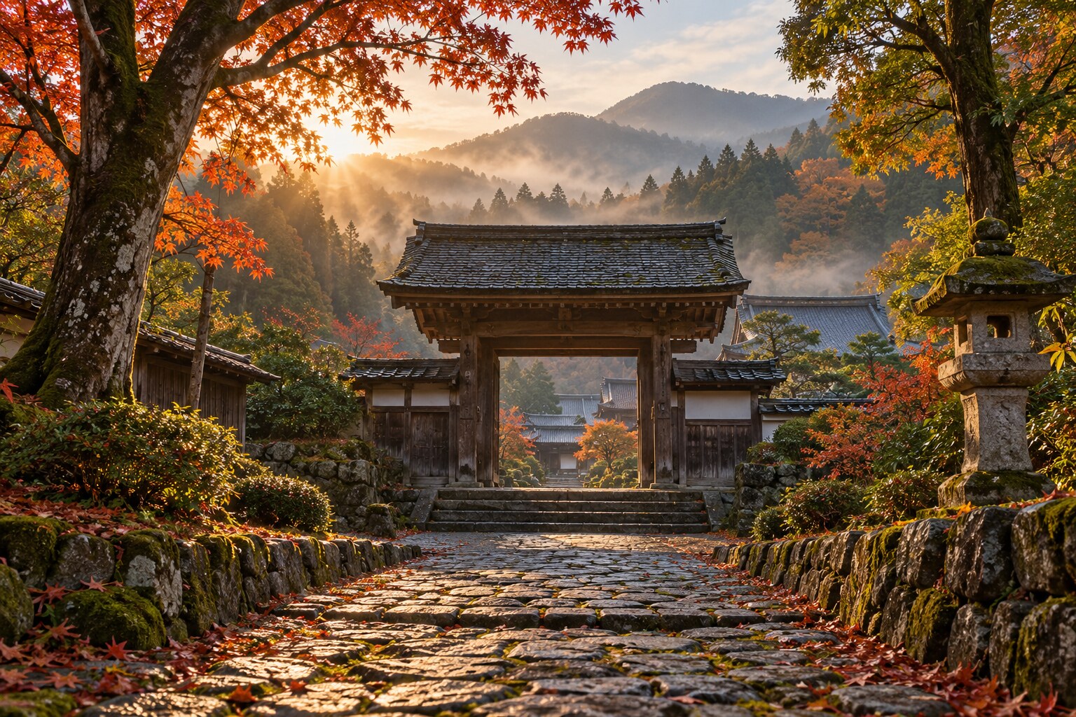 越前の寺への道を思わせる無人の想像風景。興徳寺の実景ではない(AI生成)(AI生成イメージ)