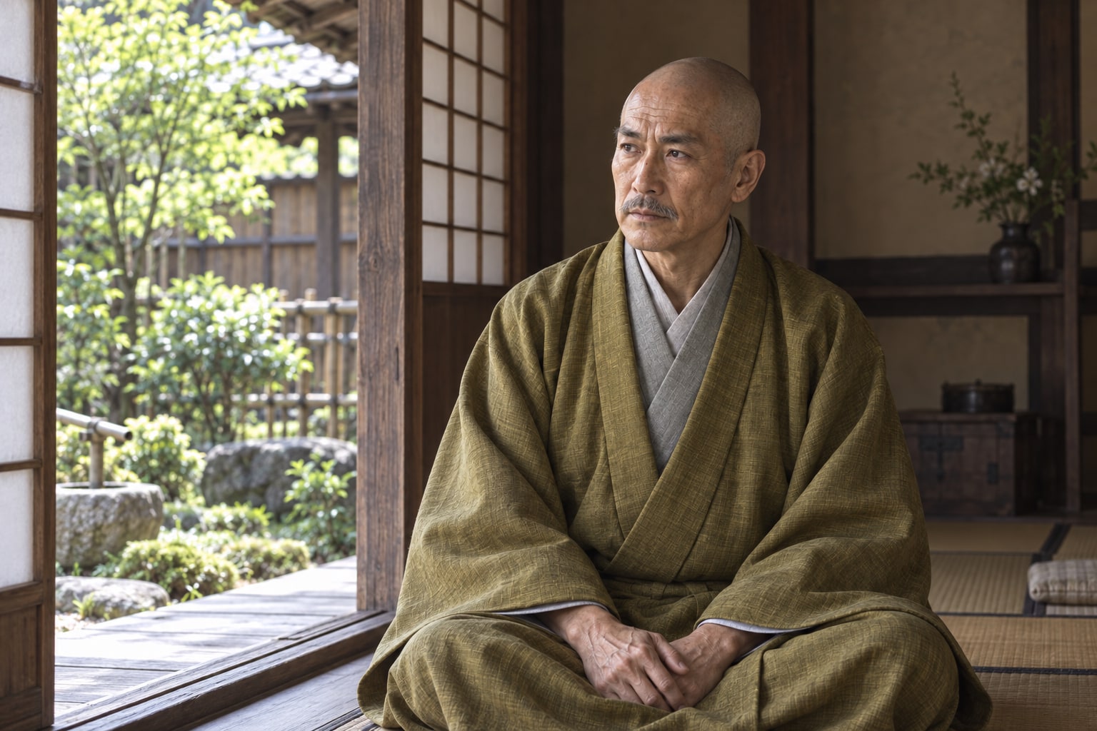 岩槻での晩年をイメージした静かな庭と長盛（AI生成イメージ）