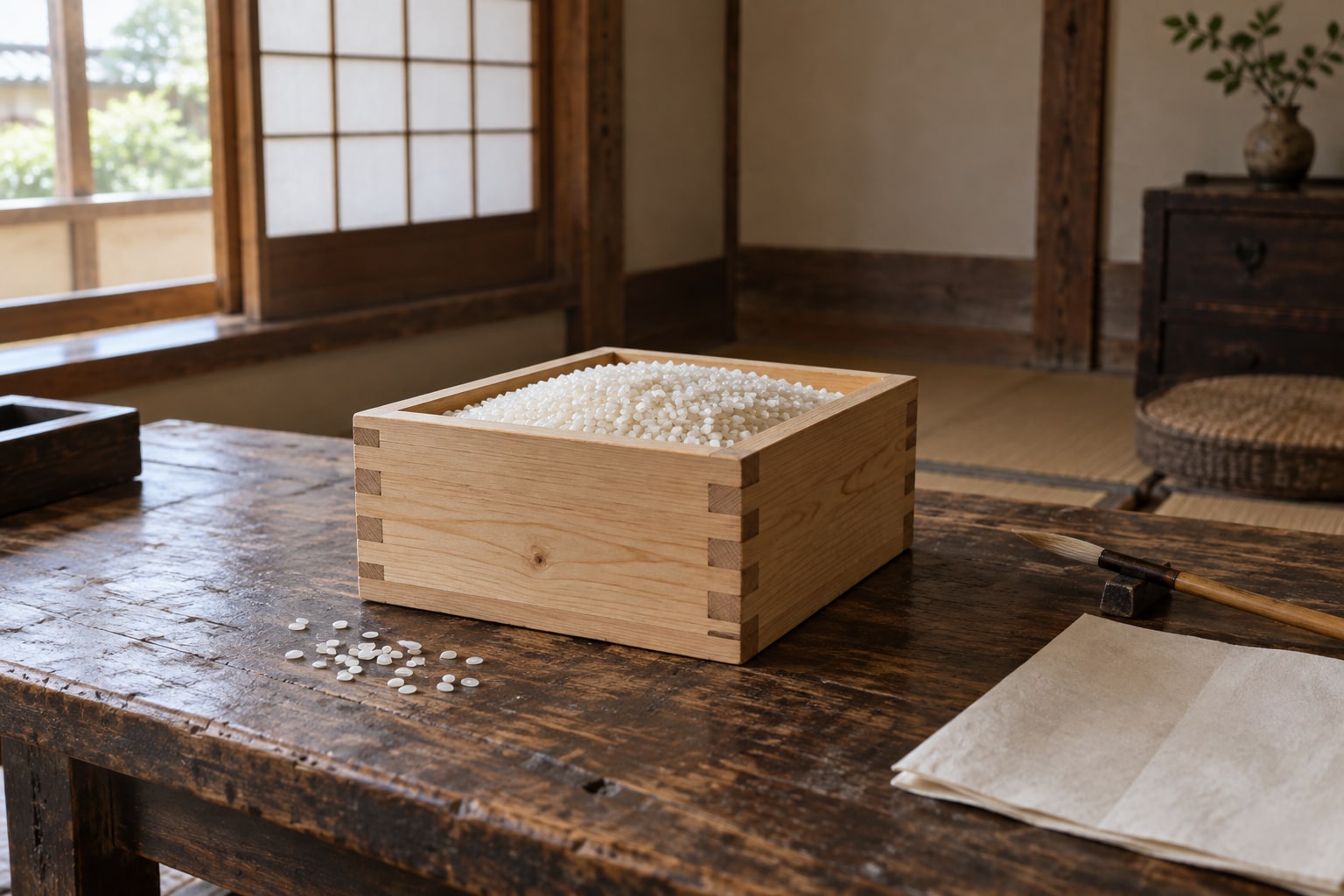 基準枡を題材にした静物イメージ。現存品や花押の複製ではない（AI生成イメージ）